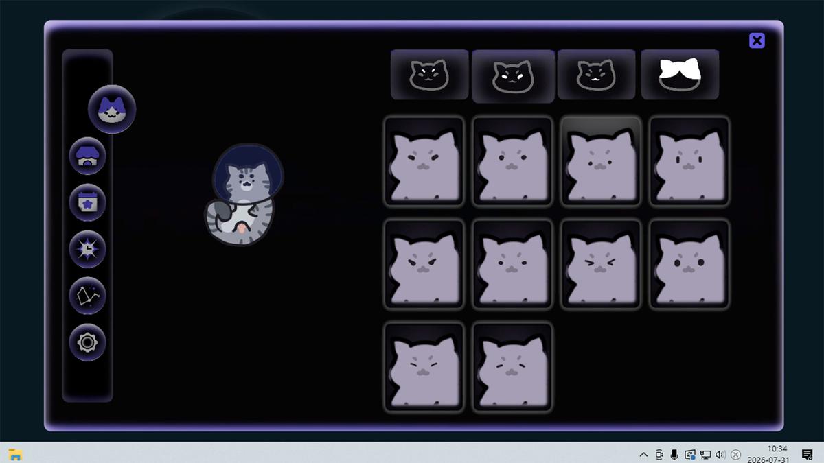 《Cosmo Cat: A Cozy Desktop Idler》桌面互動與貓咪外觀自訂畫面