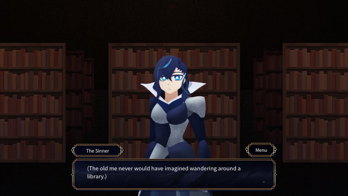 《The Name Only She Knew》主角在圖書館中的遊戲畫面