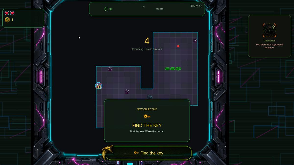 《Snake: Gridbreaker》在網格地圖中探索並尋找鑰匙的遊戲畫面